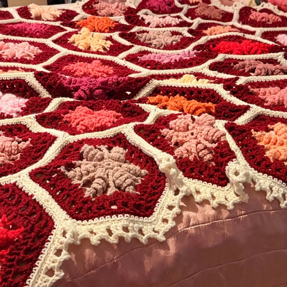 Handcrafted Floral Crochet Blanket - Red, Pink, Orange , Perfect Condition !!